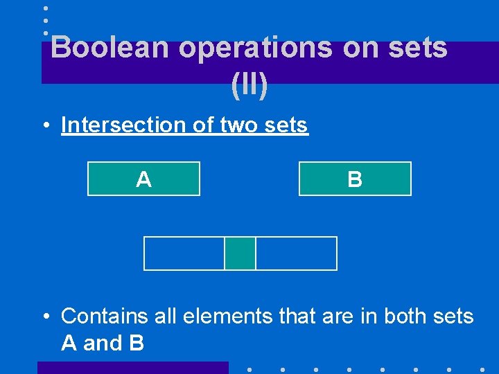 Boolean operations on sets (II) • Intersection of two sets A B • Contains