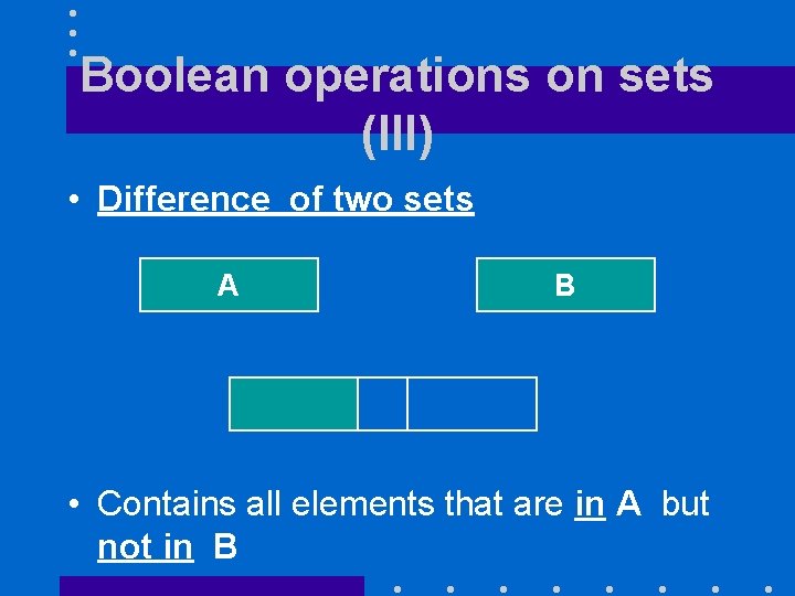 Boolean operations on sets (III) • Difference of two sets A B • Contains