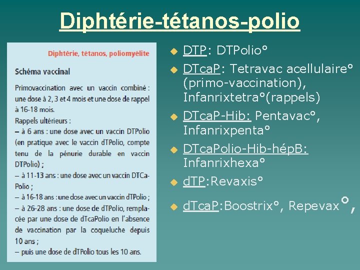 Diphtérie-tétanos-polio DTP: DTPolio° DTca. P: Tetravac acellulaire° (primo-vaccination), Infanrixtetra°(rappels) DTca. P-Hib: Pentavac°, Infanrixpenta° DTca.