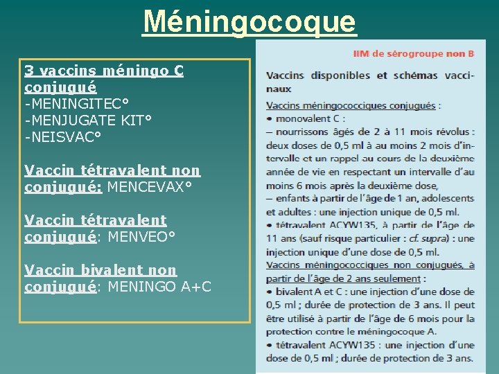 Méningocoque 3 vaccins méningo C conjugué -MENINGITEC° -MENJUGATE KIT° -NEISVAC° Vaccin tétravalent non conjugué: