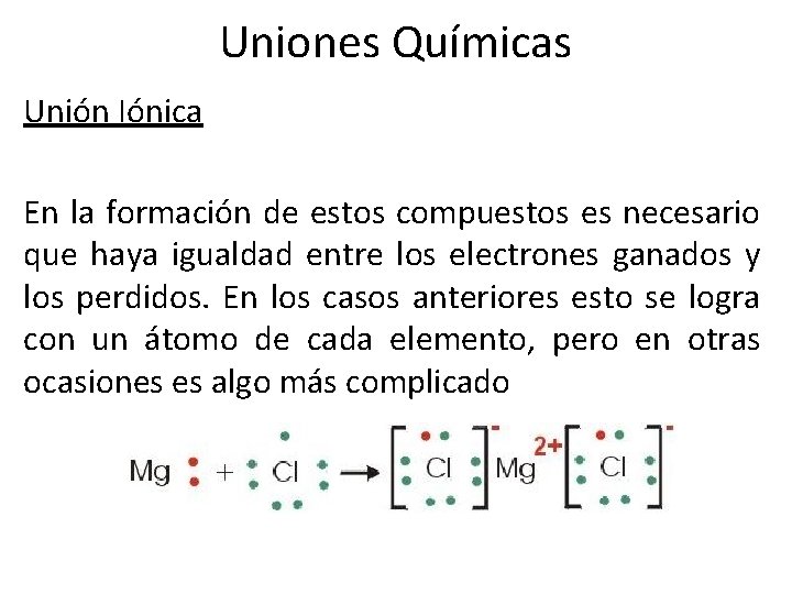 Uniones Químicas Unión Iónica En la formación de estos compuestos es necesario que haya