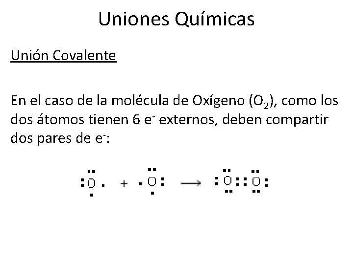 Uniones Químicas Unión Covalente En el caso de la molécula de Oxígeno (O 2),