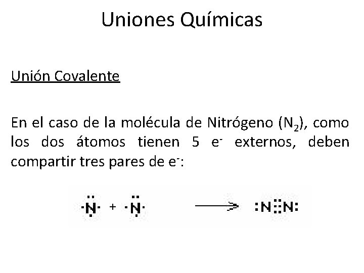 Uniones Químicas Unión Covalente En el caso de la molécula de Nitrógeno (N 2),