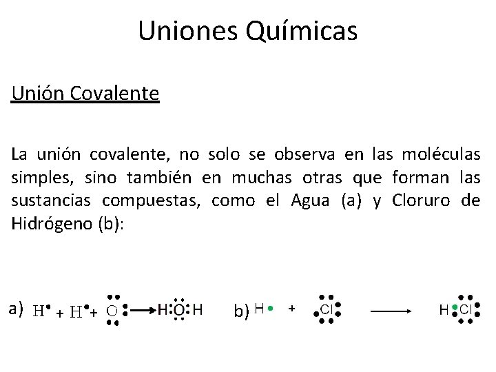 Uniones Químicas Unión Covalente La unión covalente, no solo se observa en las moléculas