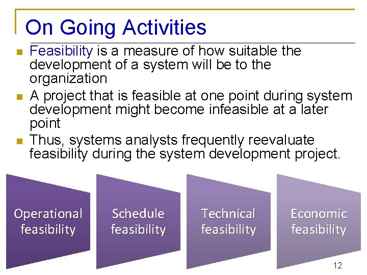 On Going Activities n n n Feasibility is a measure of how suitable the