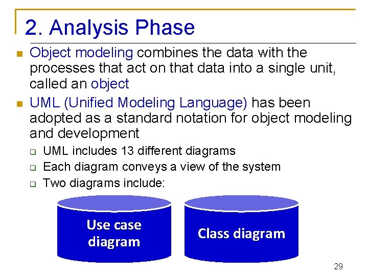 2. Analysis Phase n n Object modeling combines the data with the processes that