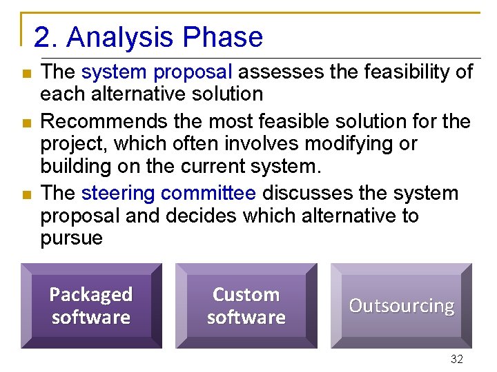 2. Analysis Phase n n n The system proposal assesses the feasibility of each