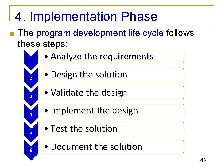 4. Implementation Phase n The program development life cycle follows these steps: 1 •
