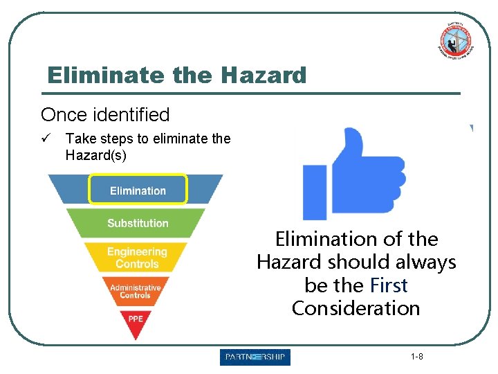 Eliminate the Hazard Once identified ü Take steps to eliminate the Hazard(s) Elimination of