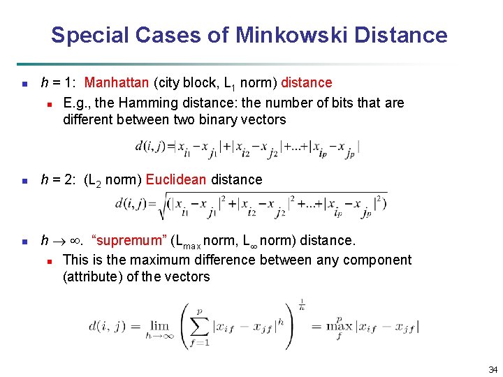 Special Cases of Minkowski Distance n n n h = 1: Manhattan (city block,