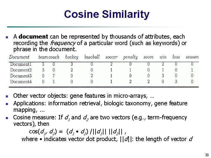 Cosine Similarity n n A document can be represented by thousands of attributes, each