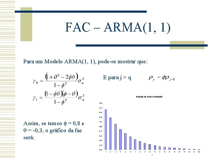 FAC – ARMA(1, 1) Para um Modelo ARMA(1, 1), pode-se mostrar que: E para