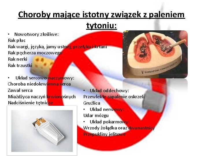 Choroby mające istotny związek z paleniem tytoniu: • Nowotwory złośliwe: Rak płuc Rak wargi,