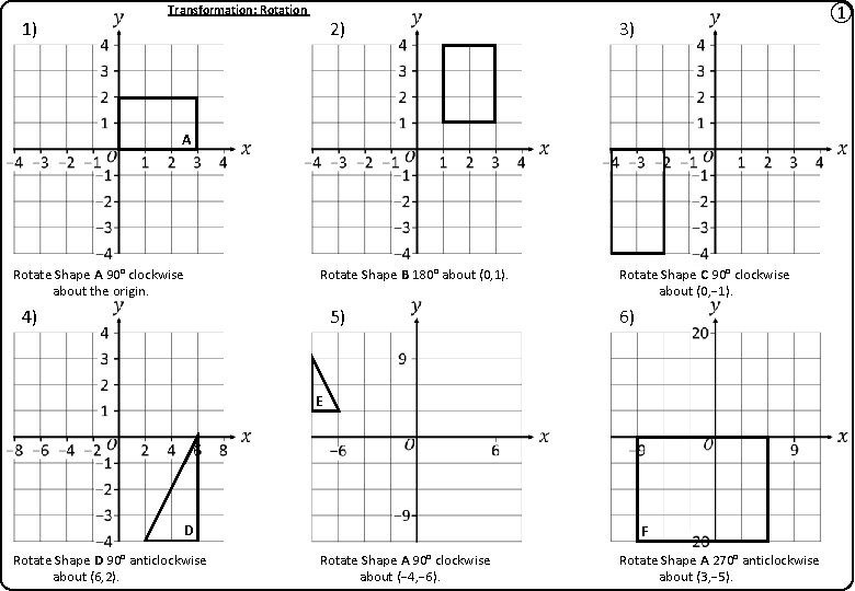 1) Transformation: Rotation 2) ① 3) A Rotate Shape A 90° clockwise about the