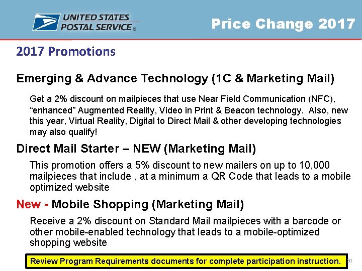 Price Change 2017 Promotions Emerging & Advance Technology (1 C & Marketing Mail) Get