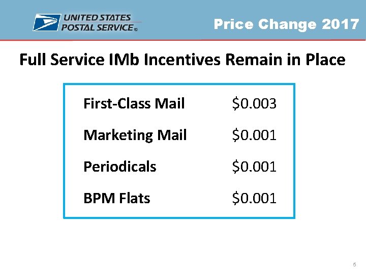 Price Change 2017 Full Service IMb Incentives Remain in Place First-Class Mail $0. 003