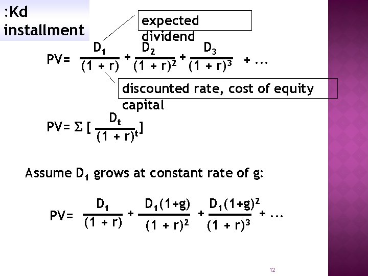 : Kd installment expected dividend D 1 D 2 D 3 PV= (1 +