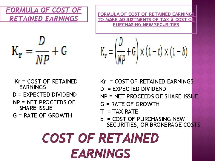 FORMULA OF COST OF RETAINED EARNINGS Kr = COST OF RETAINED EARNINGS D =