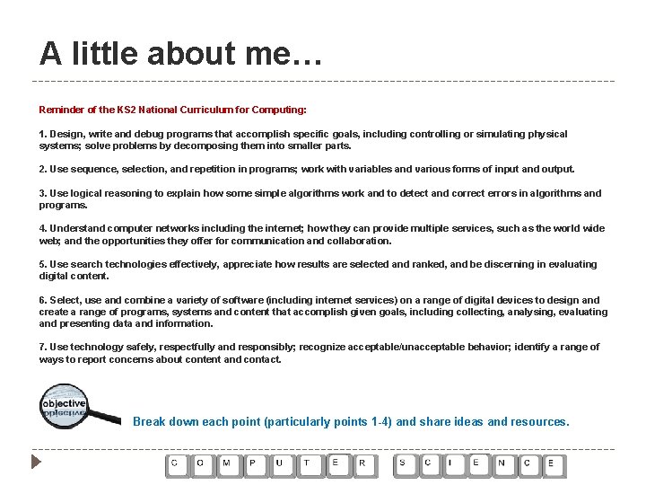 A little about me… Reminder of the KS 2 National Curriculum for Computing: 1.
