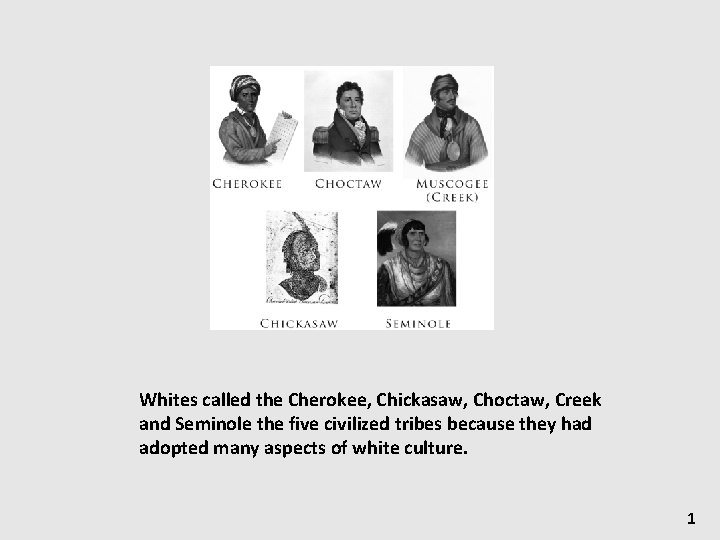 Whites called the Cherokee, Chickasaw, Choctaw, Creek and Seminole the five civilized tribes because