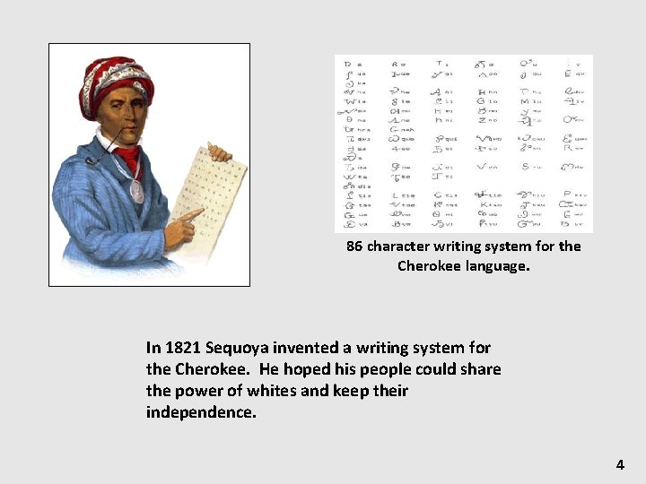 86 character writing system for the Cherokee language. In 1821 Sequoya invented a writing