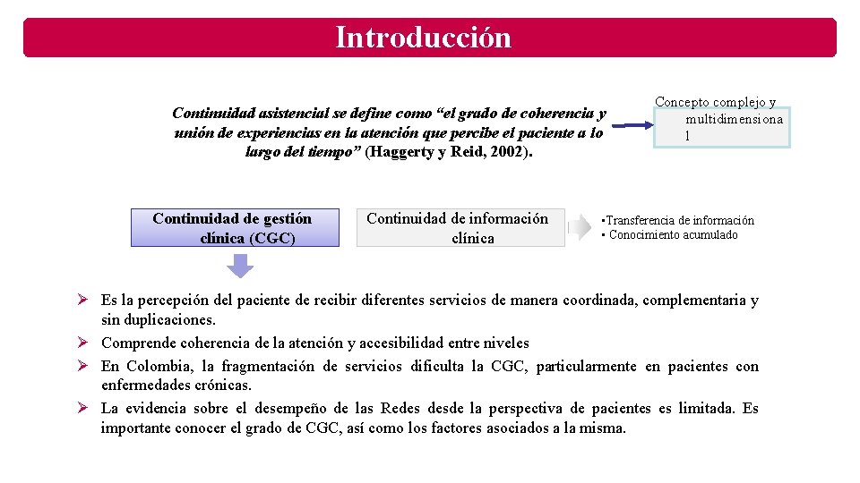 Introducción Continuidad asistencial se define como “el grado de coherencia y unión de experiencias