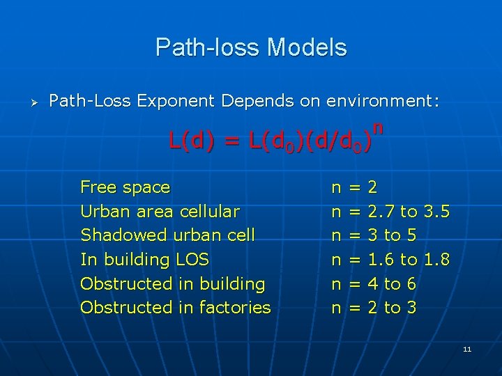 Path-loss Models Ø Path-Loss Exponent Depends on environment: n L(d) = L(d 0)(d/d 0)