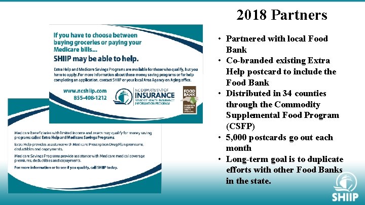 2018 Partners • Partnered with local Food Bank • Co-branded existing Extra Help postcard