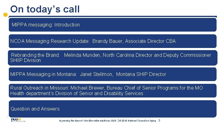 On today’s call MIPPA messaging: Introduction NCOA Messaging Research Update: Brandy Bauer, Associate Director