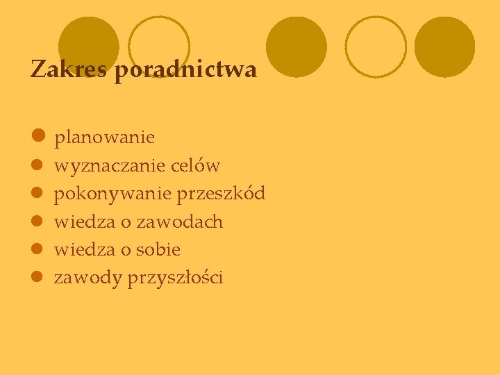 Zakres poradnictwa l planowanie l l l wyznaczanie celów pokonywanie przeszkód wiedza o zawodach