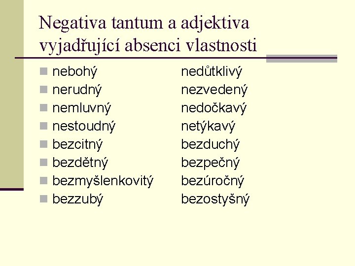 Negativa tantum a adjektiva vyjadřující absenci vlastnosti n n n n nebohý nerudný nemluvný