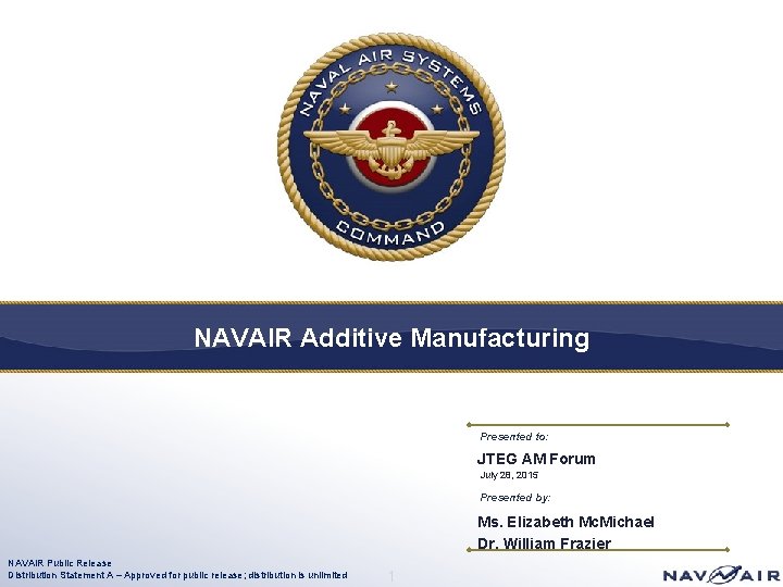 NAVAIR Additive Manufacturing Presented to: JTEG AM Forum July 28, 2015 Presented by: Ms.