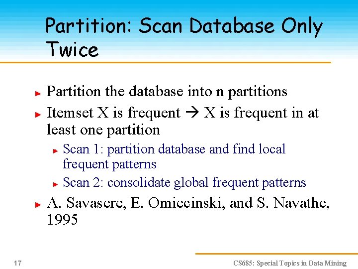 Partition: Scan Database Only Twice Partition the database into n partitions Itemset X is