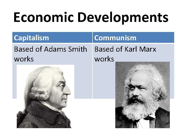 Economic Developments Capitalism Communism Based of Adams Smith Based of Karl Marx works 