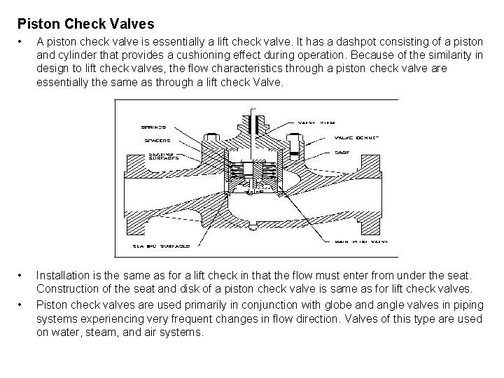 Piston Check Valves • A piston check valve is essentially a lift check valve.