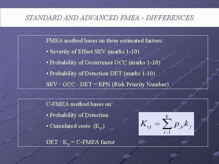 STANDARD AND ADVANCED FMEA - DIFFERENCES FMEA method bases on three estimated factors: •