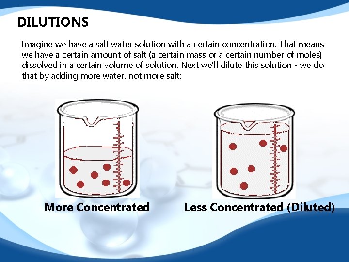 DILUTIONS Imagine we have a salt water solution with a certain concentration. That means
