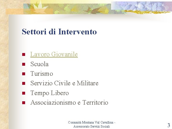 Settori di Intervento n n n Lavoro Giovanile Scuola Turismo Servizio Civile e Militare