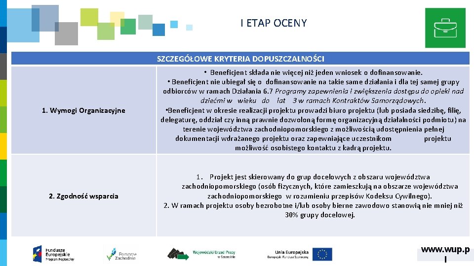 I ETAP OCENY SZCZEGÓŁOWE KRYTERIA DOPUSZCZALNOŚCI 1. Wymogi Organizacyjne • Beneficjent składa nie więcej I ETAP OCENY SZCZEGÓŁOWE KRYTERIA DOPUSZCZALNOŚCI 1. Wymogi Organizacyjne • Beneficjent składa nie więcej