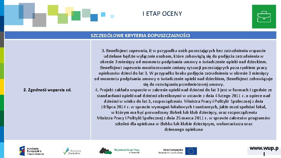 I ETAP OCENY SZCZEGÓŁOWE KRYTERIA DOPUSZCZALNOŚCI 2. Zgodność wsparcia cd. 3. Beneficjent zapewnia, iż