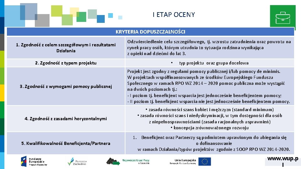 I ETAP OCENY KRYTERIA DOPUSZCZALNOŚCI 1. Zgodność z celem szczegółowym i rezultatami Działania 2.