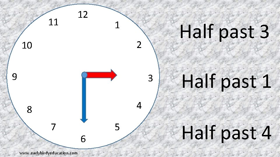 11 12 Half past 3 1 2 10 9 3 Half past 1 4