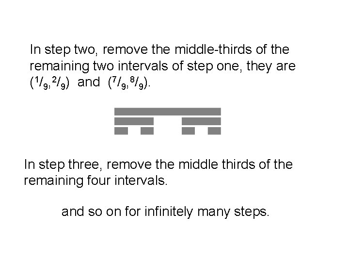 In step two, remove the middle-thirds of the remaining two intervals of step one,