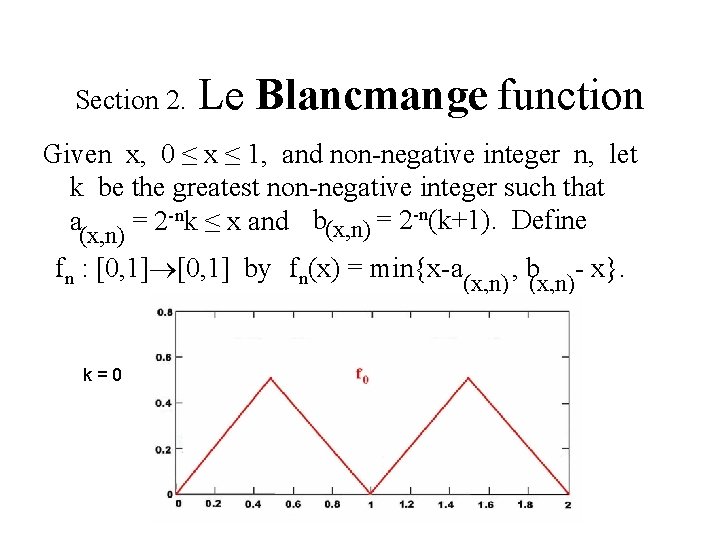 Section 2. Le Blancmange function Given x, 0 ≤ x ≤ 1, and non-negative