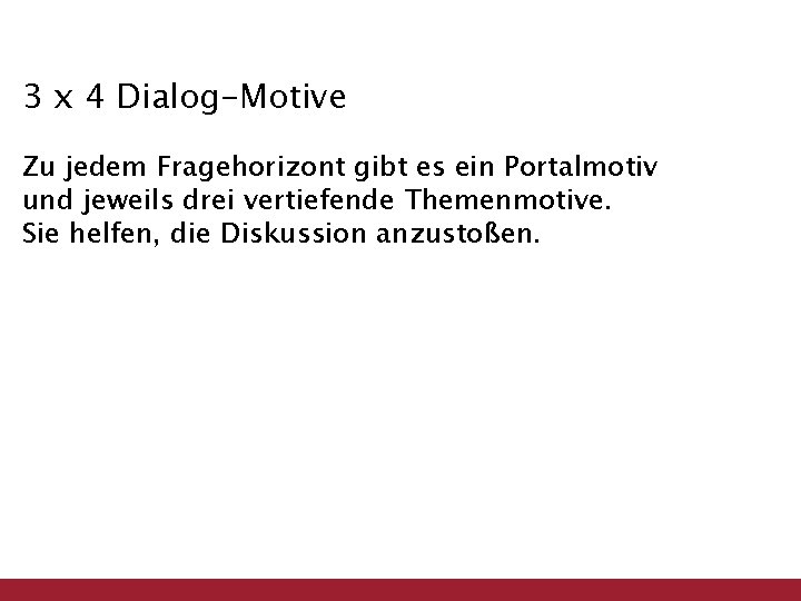 3 x 4 Dialog-Motive Zu jedem Fragehorizont gibt es ein Portalmotiv und jeweils drei