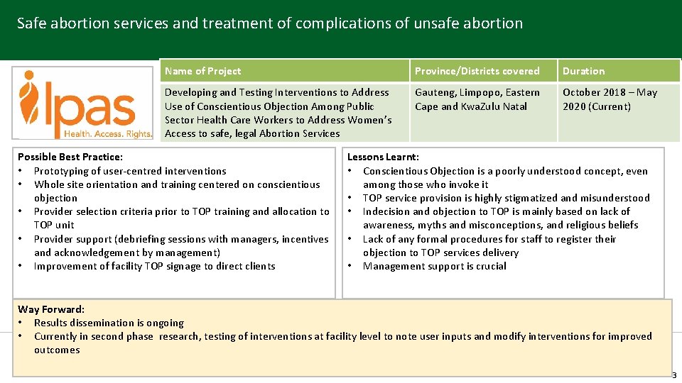 Safe abortion services and treatment of complications of unsafe abortion Partner Logo Name of