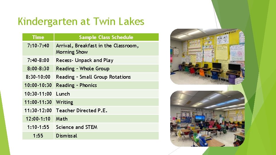 Kindergarten at Twin Lakes Time Sample Class Schedule 7: 10 -7: 40 Arrival, Breakfast