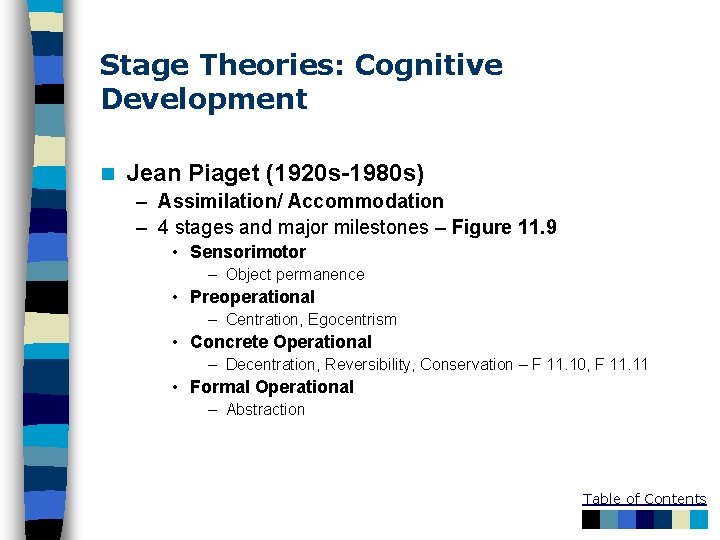 Stage Theories: Cognitive Development n Jean Piaget (1920 s-1980 s) – Assimilation/ Accommodation –