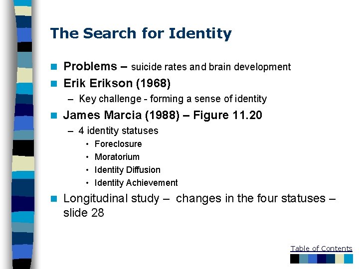 The Search for Identity Problems – suicide rates and brain development n Erikson (1968)