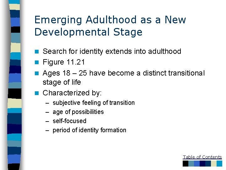 Emerging Adulthood as a New Developmental Stage Search for identity extends into adulthood n